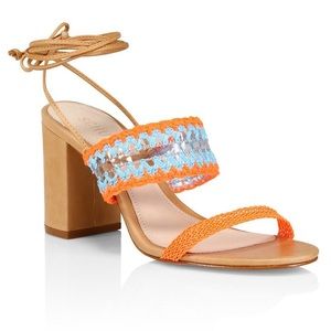 SCHUTZ Karla Ankle-Tie Crochet Sandals - Orange/Blue/Tan in Size 7